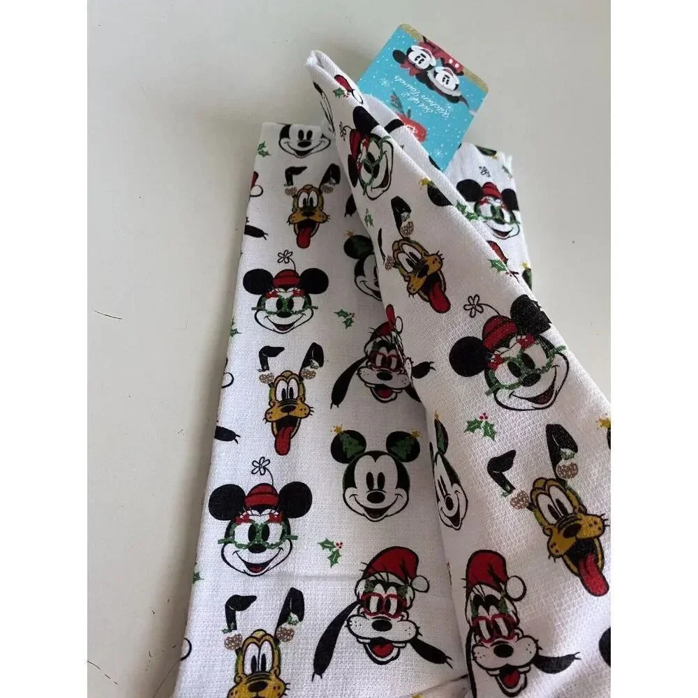 2 Pack Disney Mickey Minnie Mouse Goofy Pluto Christmas Tree Kitchen Towels‎ NEW